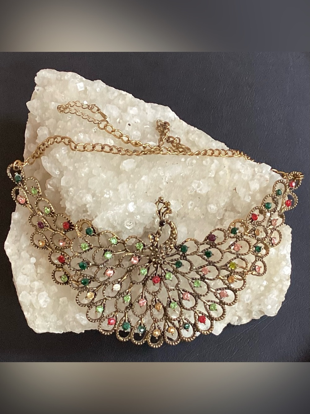 Gold Peacock Crystal Boho Hippie Festival Adjustable Necklace